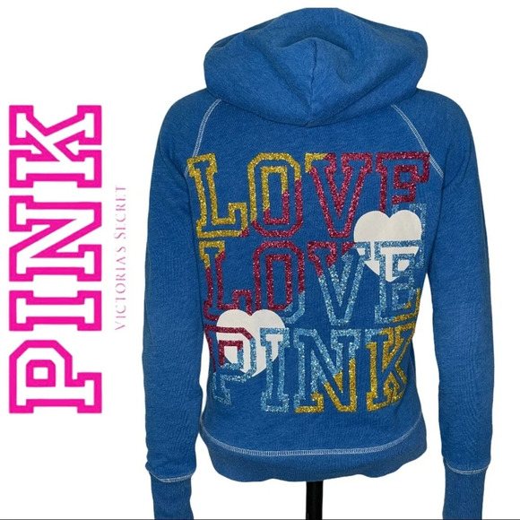 PINK Victoria’s Secret Glitter Hoodie  Turquoise Size XS - Picture 1 of 7